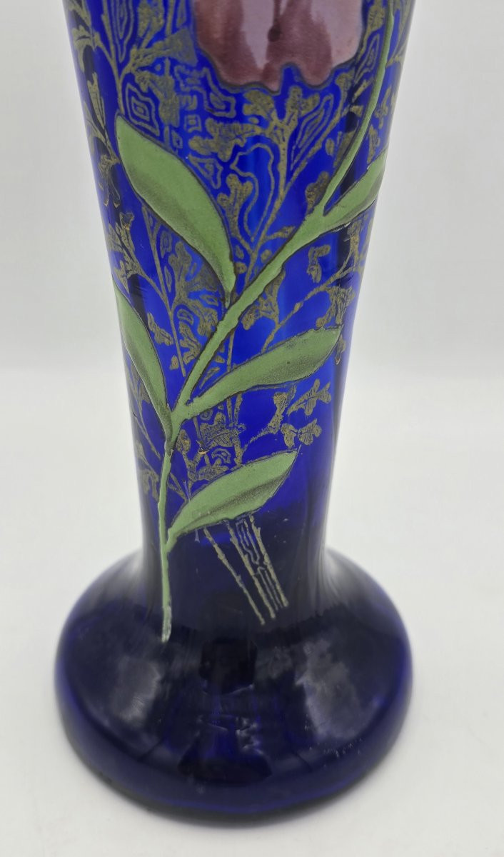 Vase en verre bleu cobalt émaillé et doré, attribué à François-Théodore LEGRAS, 1900-photo-1