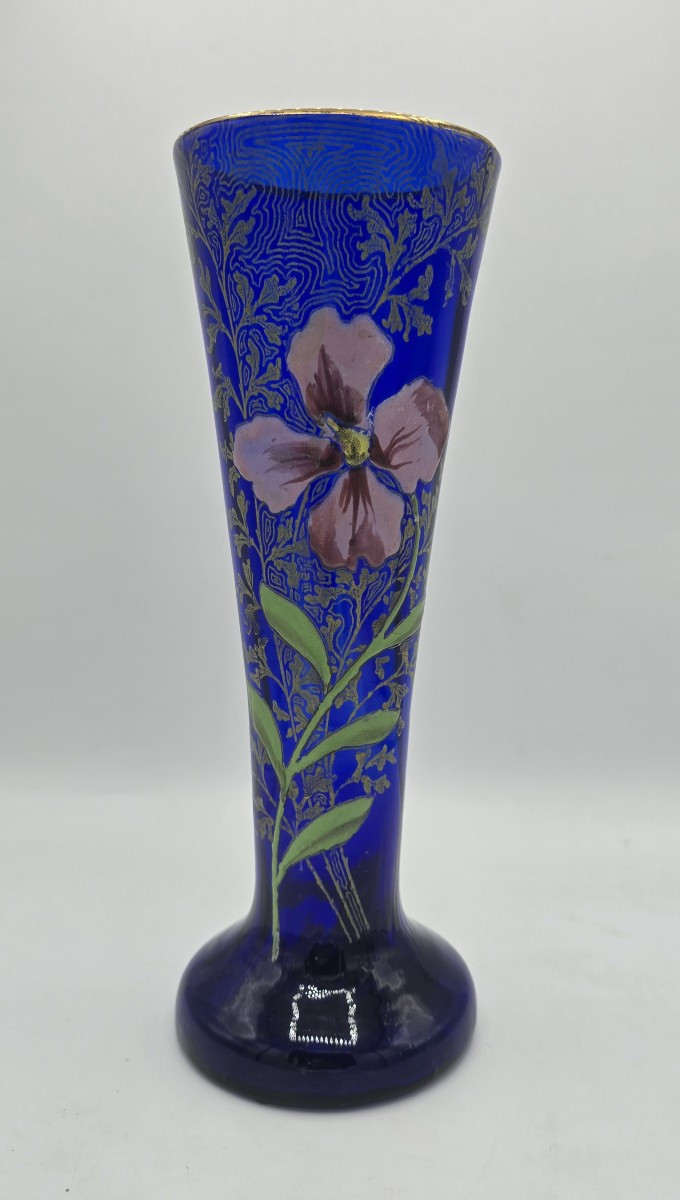 Vase en verre bleu cobalt émaillé et doré, attribué à François-Théodore LEGRAS, 1900