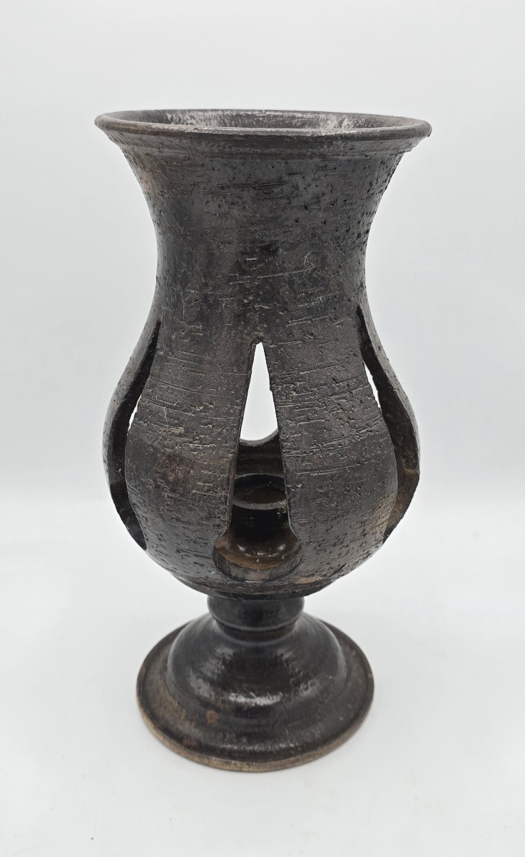 Jean Marais (1913-1998) — Photophore balustre en terre cuite émaillée noir lustré