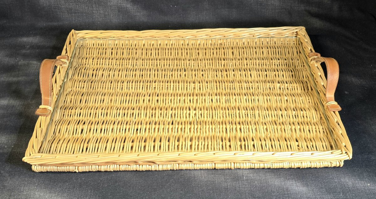 Hermès - Rectangular Tray In Woven Rattan And Protective Glass-photo-2