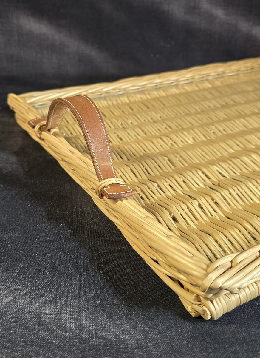 Hermès - Rectangular Tray In Woven Rattan And Protective Glass-photo-3