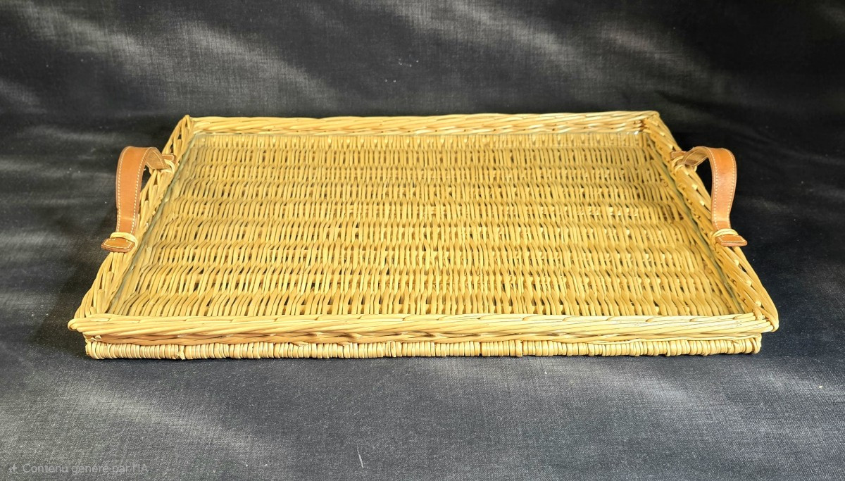 Hermès - Rectangular Tray In Woven Rattan And Protective Glass