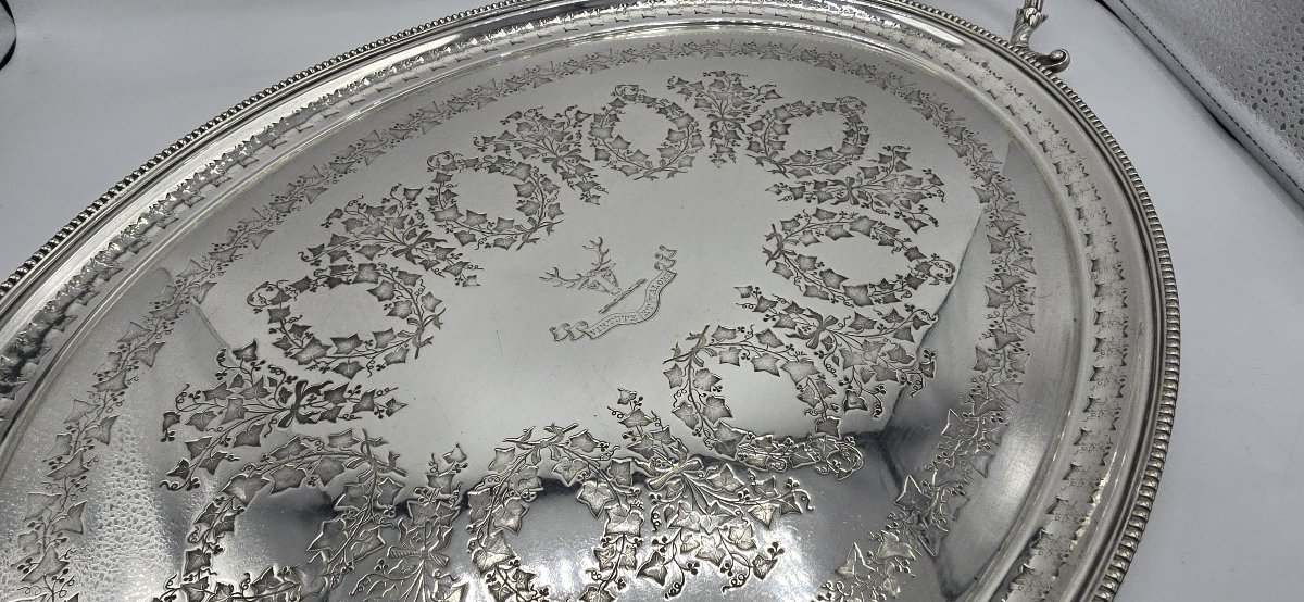Large Oval Serving Tray In Silver-plated Metal, England, Late 19th–early 20th Century-photo-4