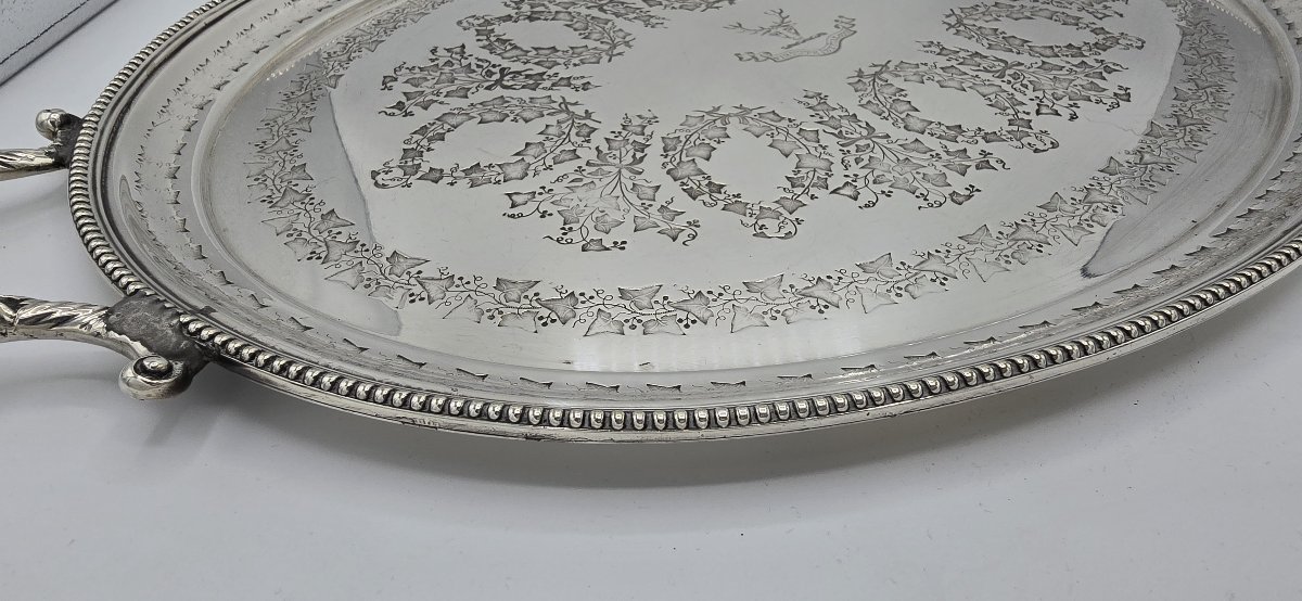 Large Oval Serving Tray In Silver-plated Metal, England, Late 19th–early 20th Century-photo-6