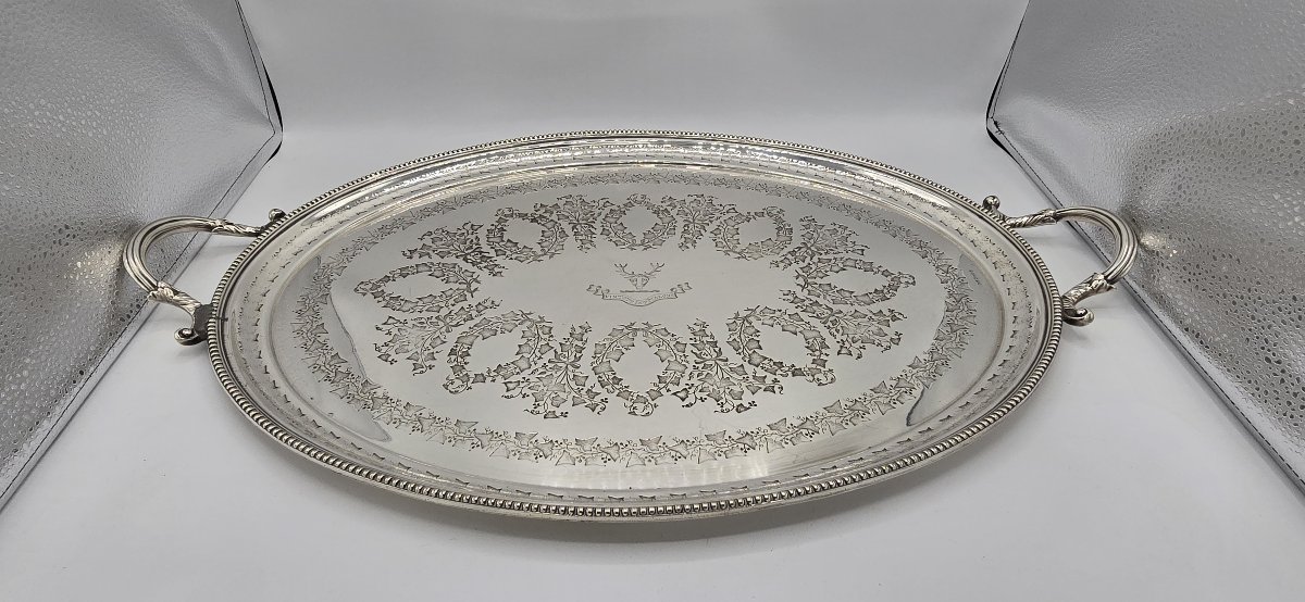 Large Oval Serving Tray In Silver-plated Metal, England, Late 19th–early 20th Century-photo-7