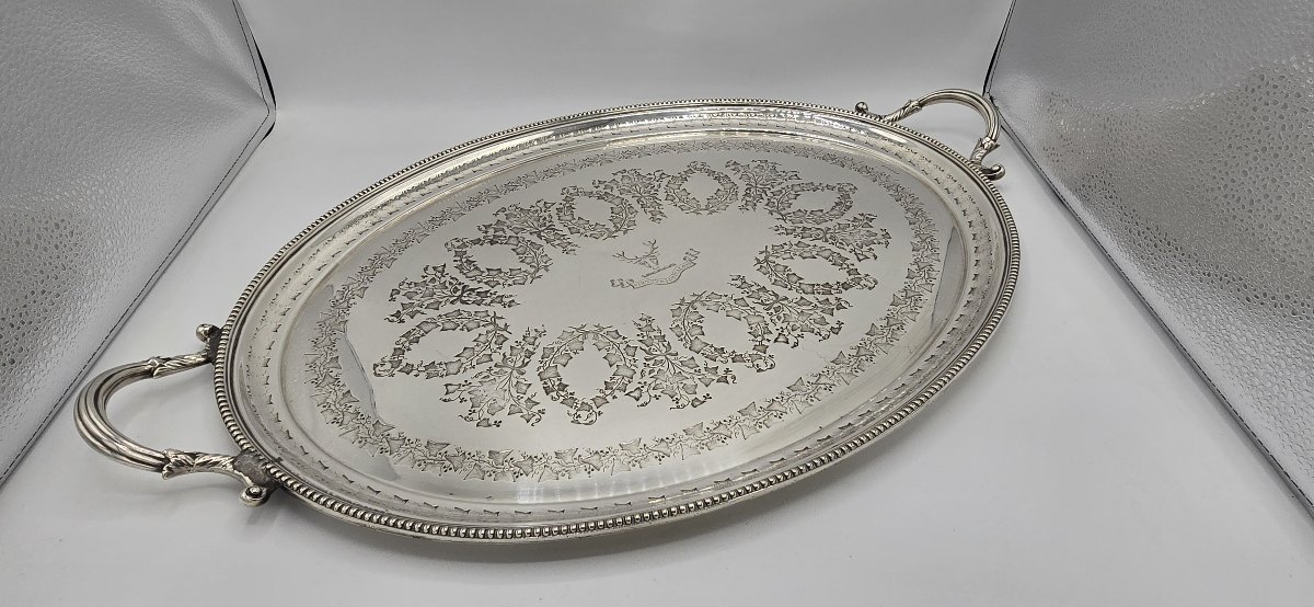 Large Oval Serving Tray In Silver-plated Metal, England, Late 19th–early 20th Century
