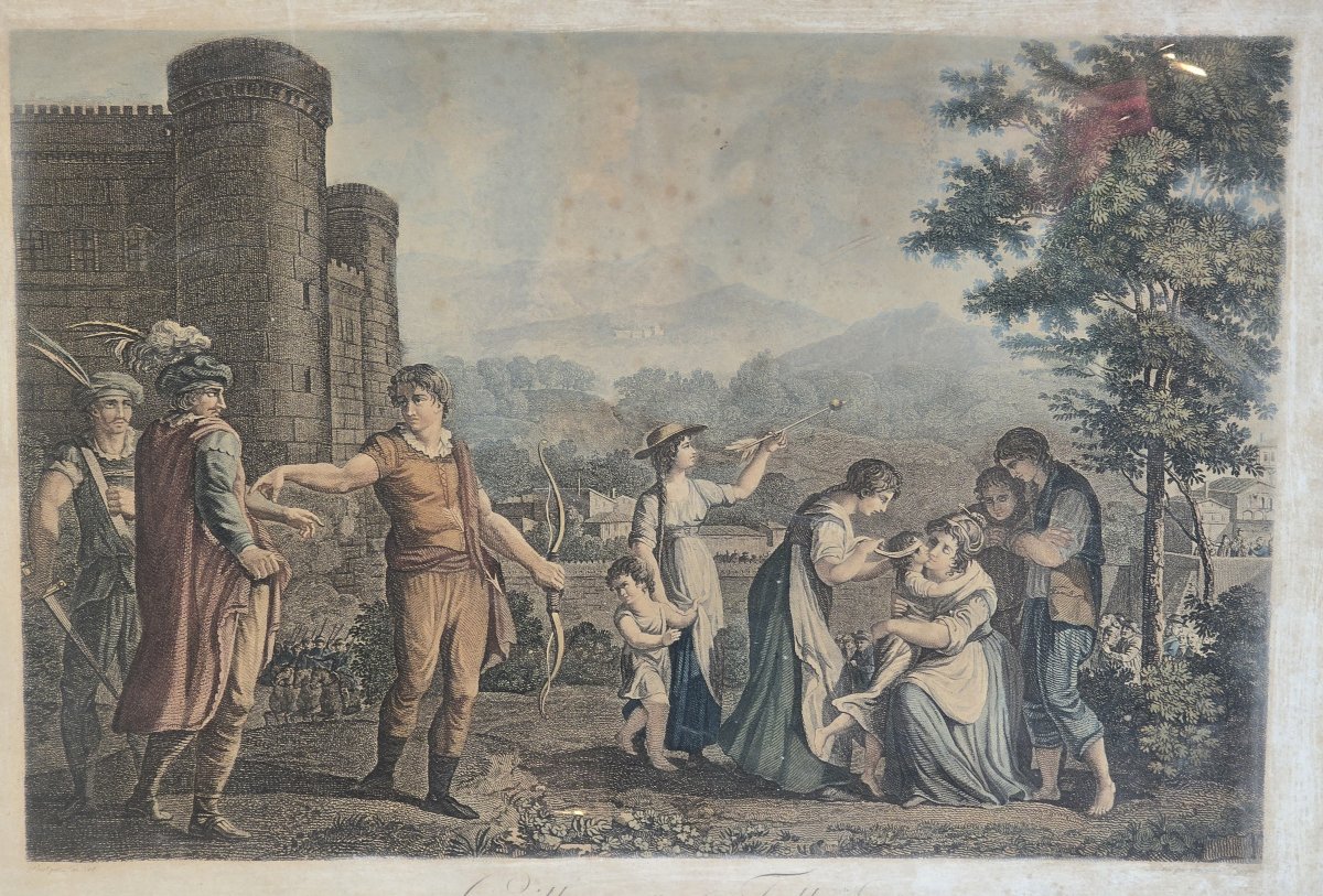 18th-century Engraving, Circa 1770, William Tell, Antique Gilded Frame With Keys, 66 × 52 Cm-photo-2