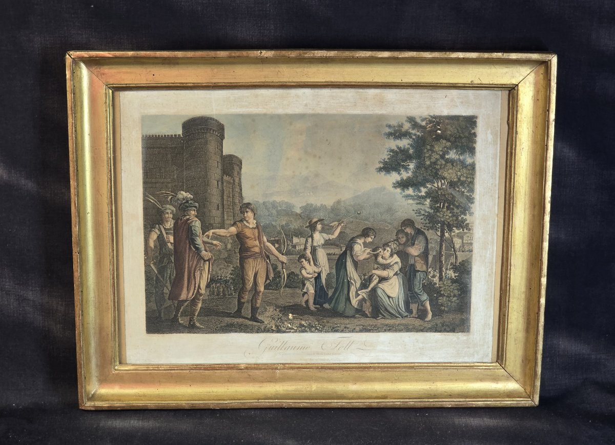 18th-century Engraving, Circa 1770, William Tell, Antique Gilded Frame With Keys, 66 × 52 Cm