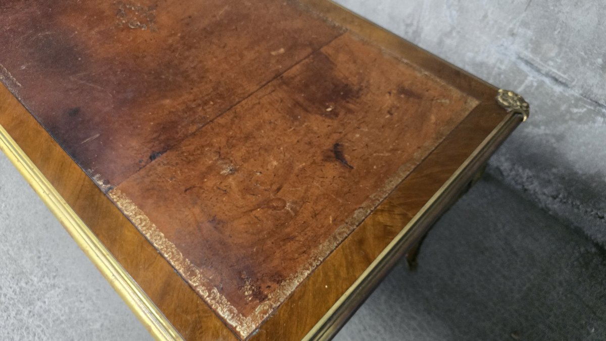 Large, Flat Louis XV-style Desk Made Of Mahogany, With Marquetry, Leather, And Gilded Bronze – 19th/20th Centuries-photo-5