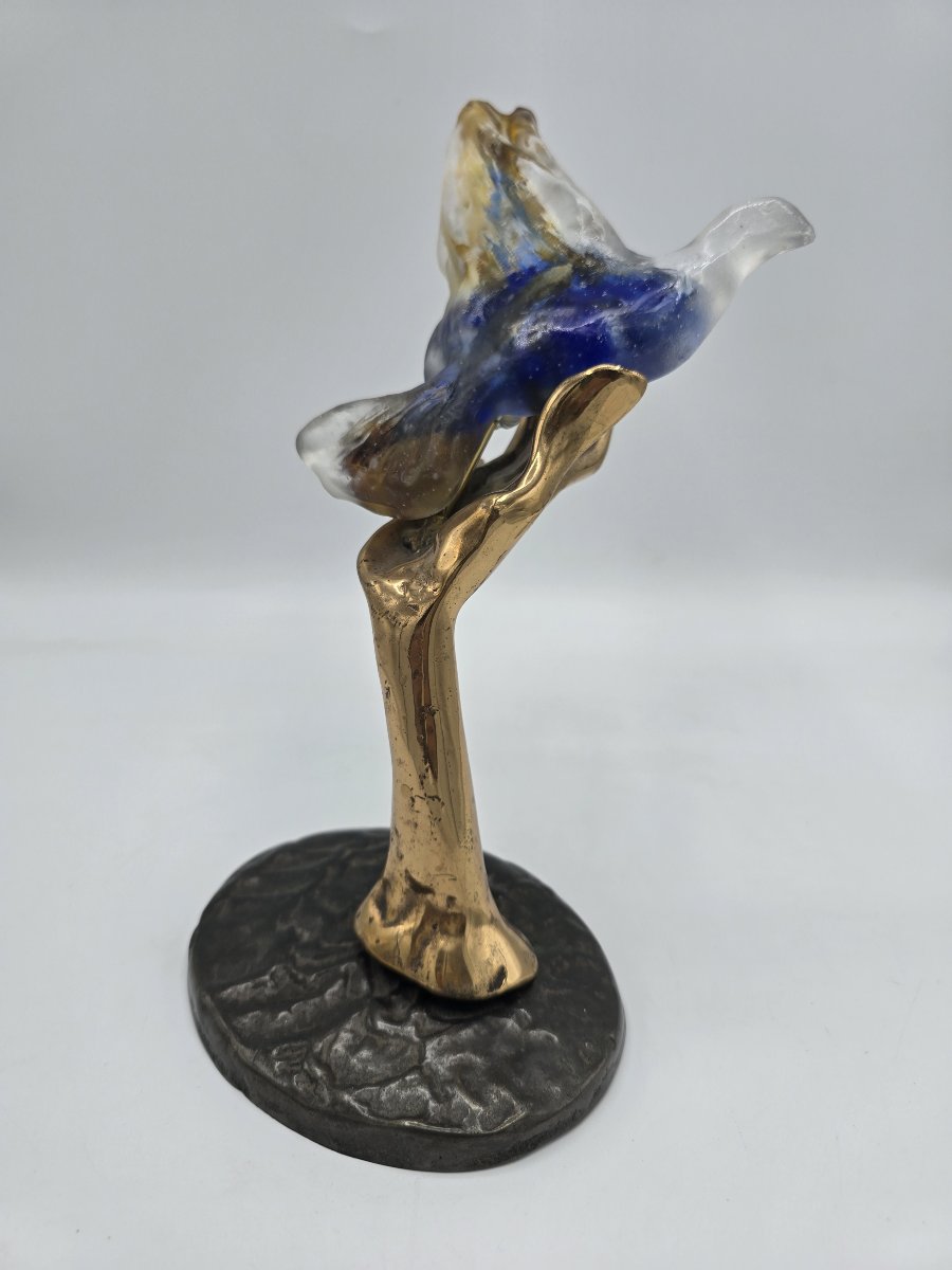 Sculpture Yves Lohé « Main à l’oiseau » – Bronze et pâte de verre – 2003-photo-3