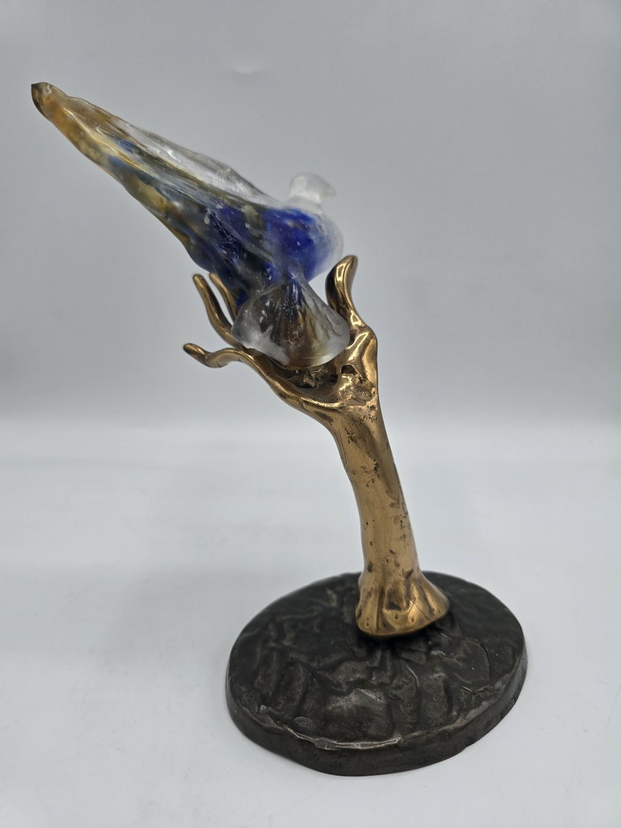 Sculpture Yves Lohé « Main à l’oiseau » – Bronze et pâte de verre – 2003
