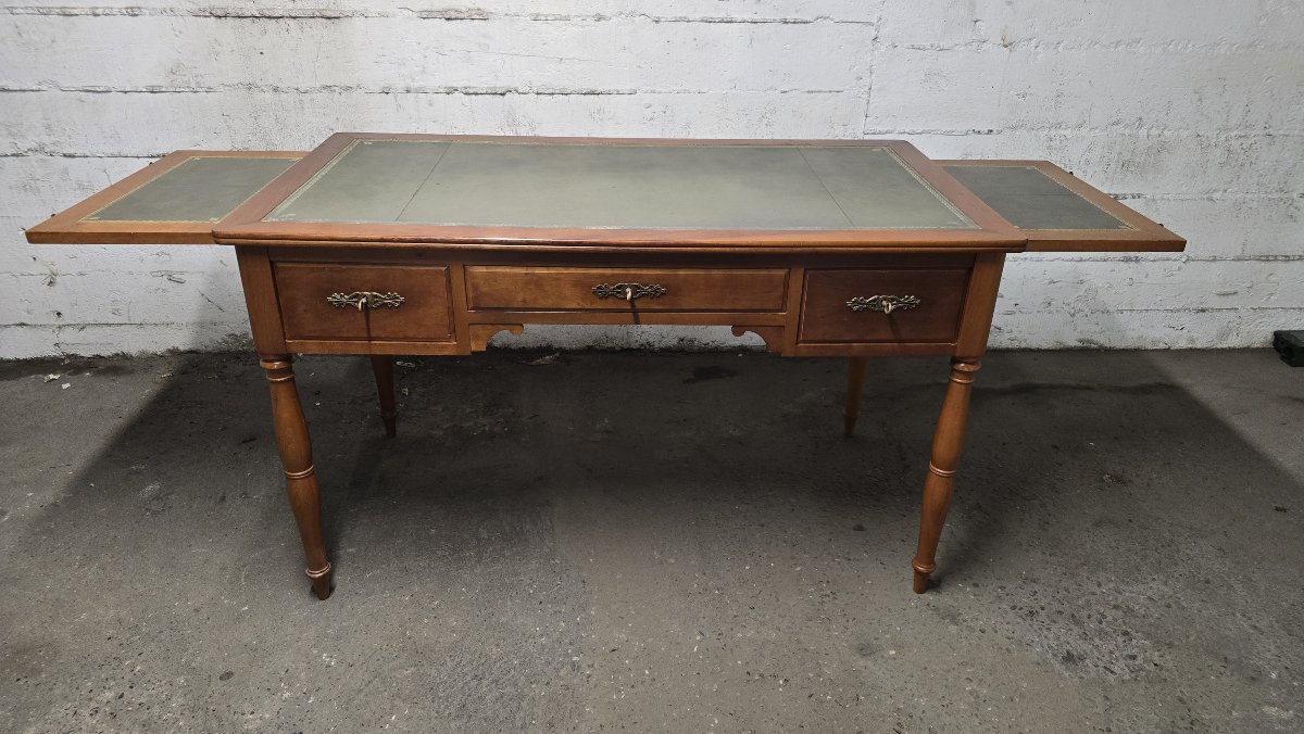 Flat Leather Desk, Louis-philippe Style, With Side Pull-out Drawers-photo-2