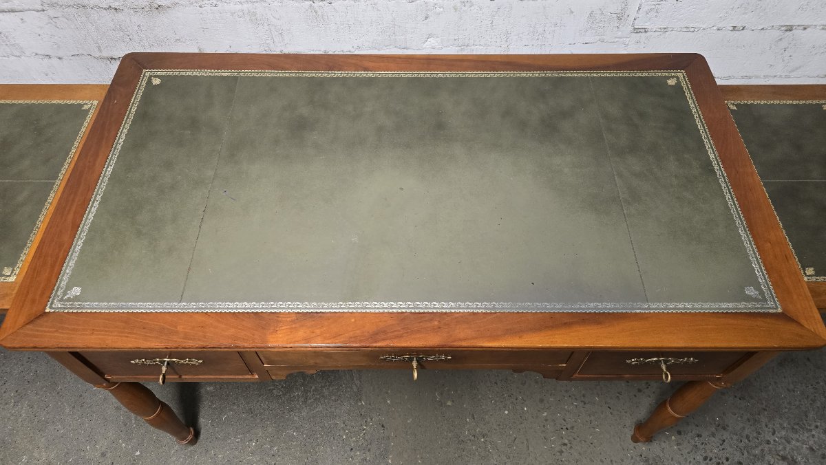 Flat Leather Desk, Louis-philippe Style, With Side Pull-out Drawers-photo-3