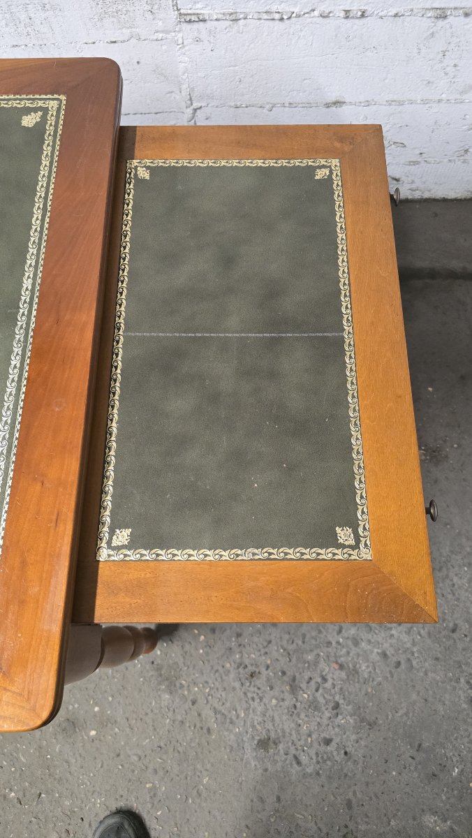 Flat Leather Desk, Louis-philippe Style, With Side Pull-out Drawers-photo-4