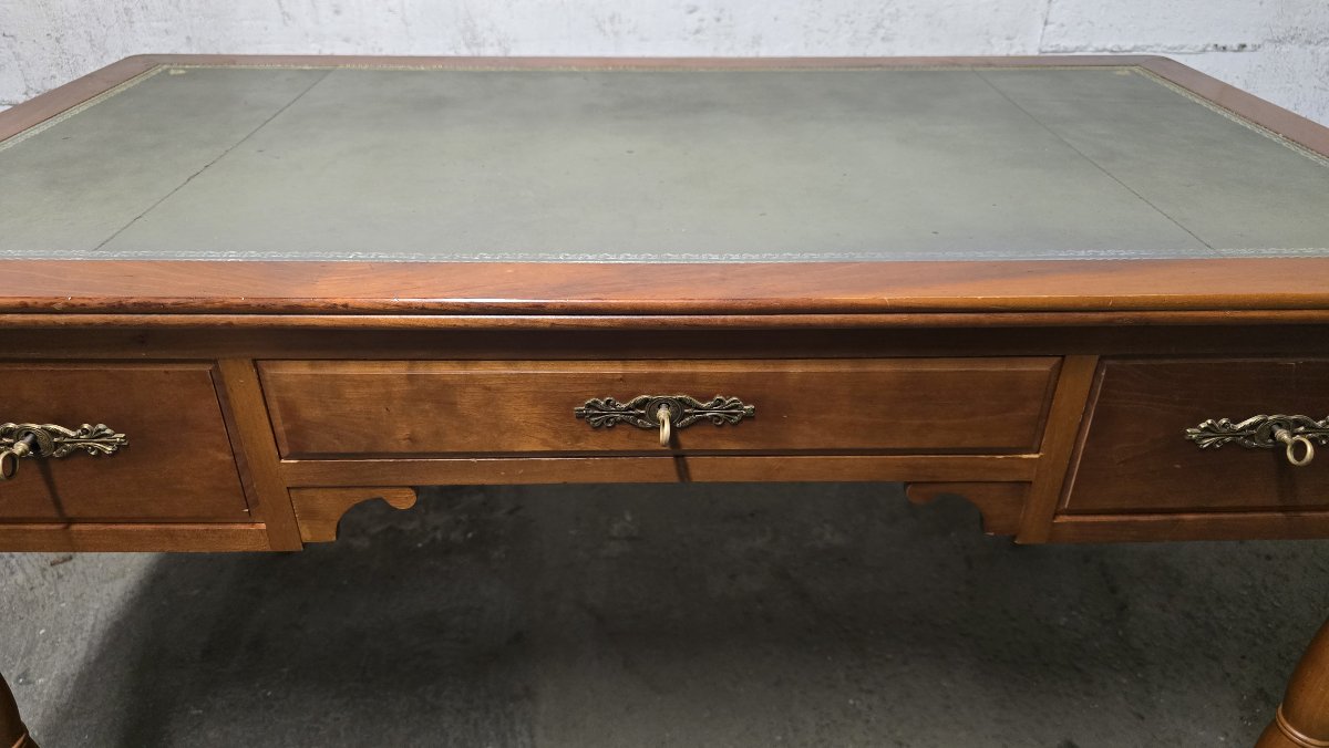 Flat Leather Desk, Louis-philippe Style, With Side Pull-out Drawers-photo-5