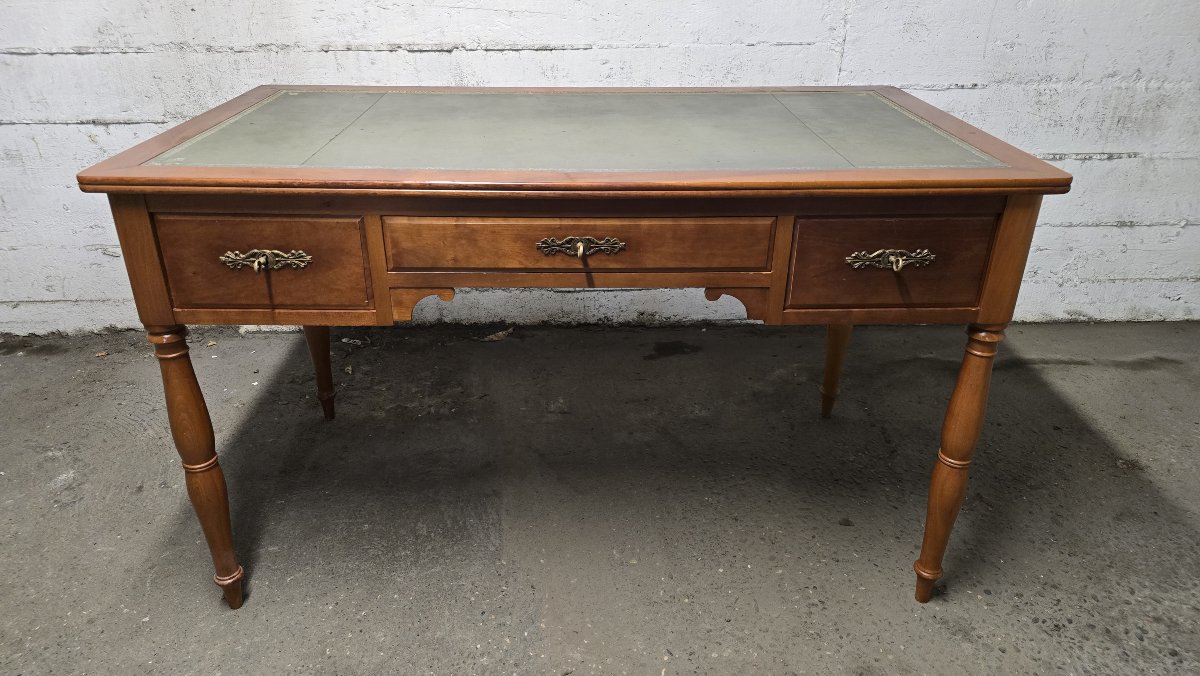 Flat Leather Desk, Louis-philippe Style, With Side Pull-out Drawers