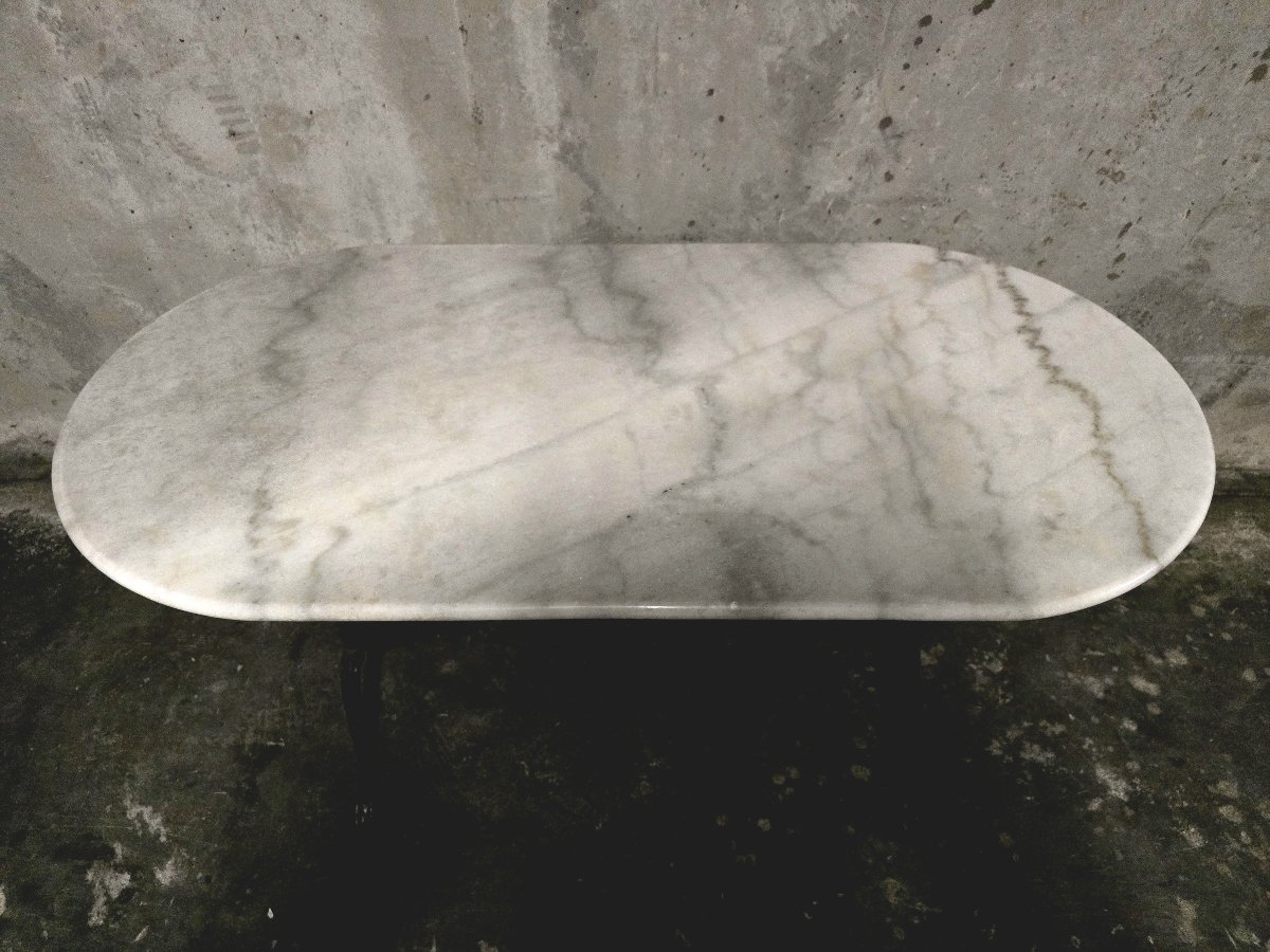 Table bistrot ovale en marbre blanc et piètement en fonte noire - 120 cm  -photo-4