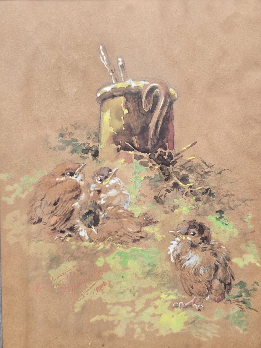 Hector Giacomelli (1822–1904) – Moineaux – Aquarelle sur papier, dédicacée et datée 1904-photo-3