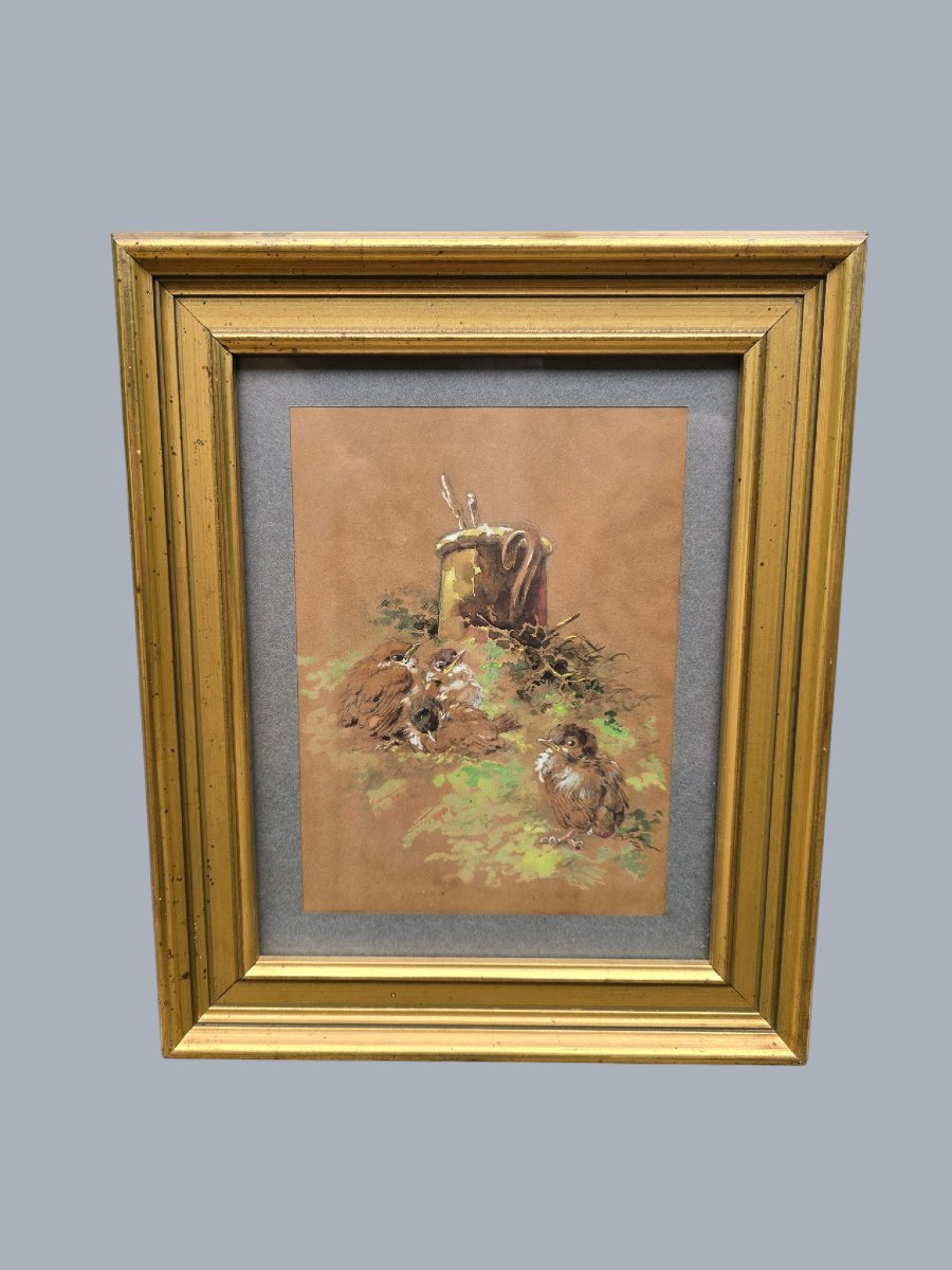 Hector Giacomelli (1822–1904) – Moineaux – Aquarelle sur papier, dédicacée et datée 1904