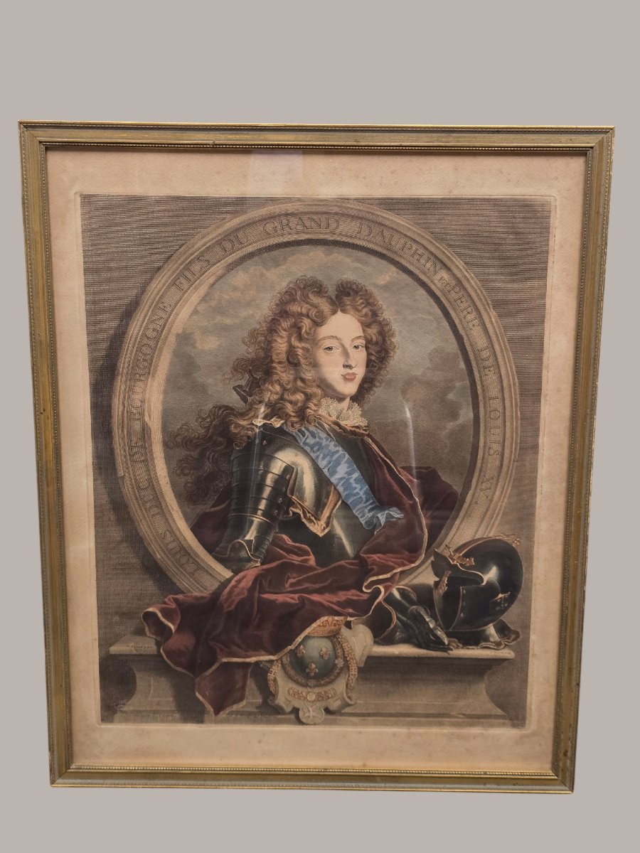 Gravure XVIIIe -Portrait de Louis de France, duc de Bourgogne- P. Drevet d'après H. Rigaud