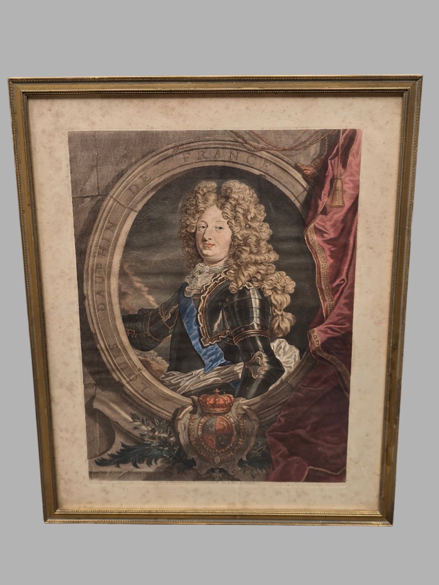 Gravure XVIIIe siècle–Portrait de Louis, Grand Dauphin de France – P. Drevet d'après H. Rigaud