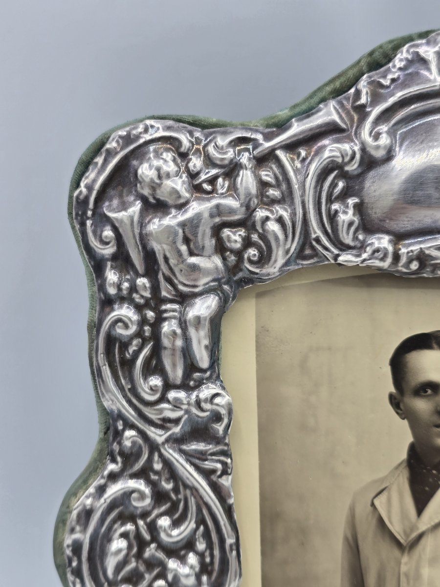 English Photo Frame In 925 Sterling Silver – London, 1905 – Putti Design – 19 × 14 Cm-photo-2