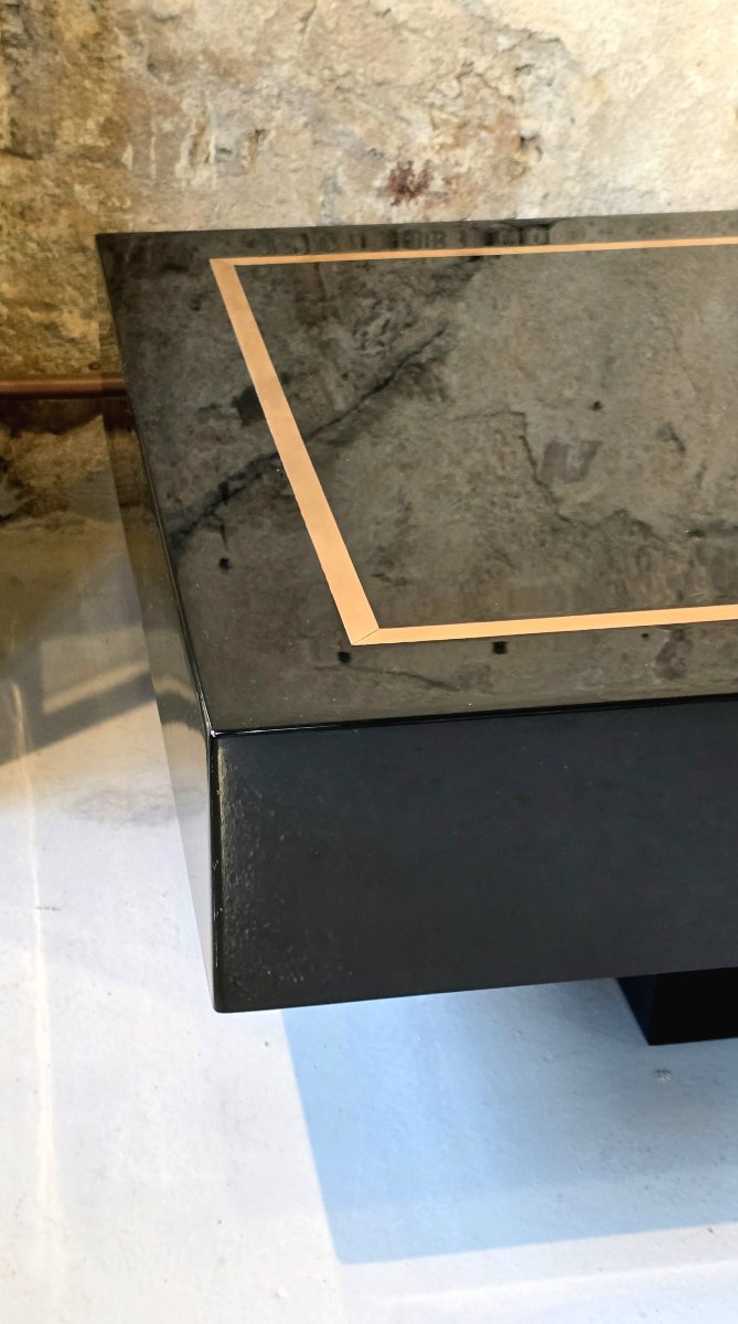 Jean-claude Mahey, Attributed To – Black Lacquer And Brass Coffee Table, Maison Romeo, 1970-photo-3