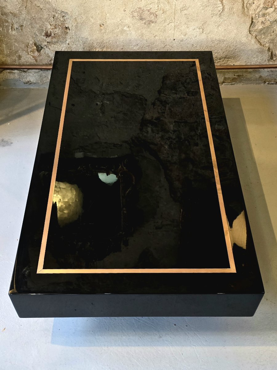 Jean-claude Mahey, Attributed To – Black Lacquer And Brass Coffee Table, Maison Romeo, 1970-photo-2