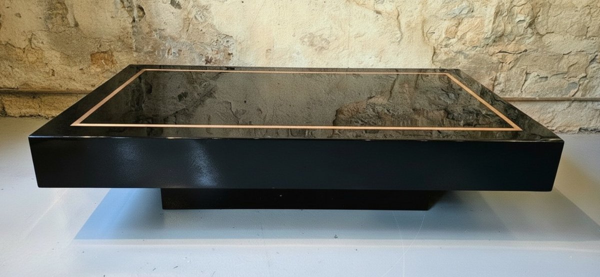 Jean-claude Mahey, Attributed To – Black Lacquer And Brass Coffee Table, Maison Romeo, 1970