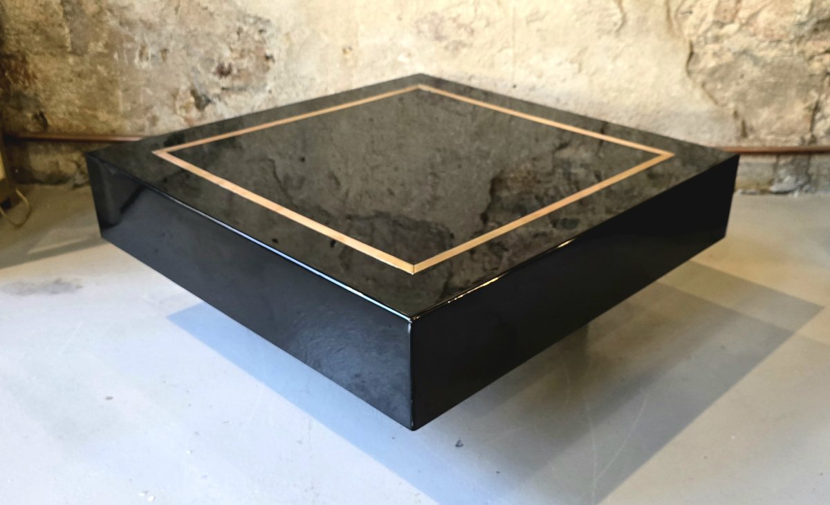 Jean-claude Mahey, Attributed To – Square Coffee Table In Black Lacquer And Brass, 1970s-photo-4