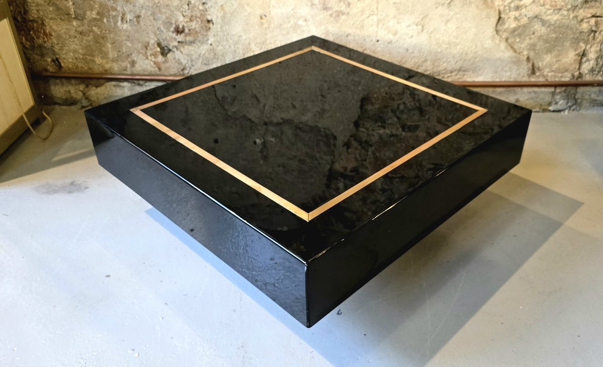 Jean-claude Mahey, Attributed To – Square Coffee Table In Black Lacquer And Brass, 1970s-photo-1