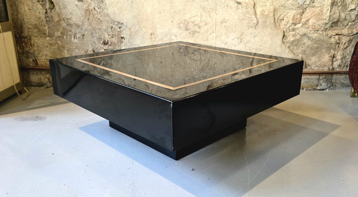 Jean-claude Mahey, Attributed To – Square Coffee Table In Black Lacquer And Brass, 1970s-photo-2