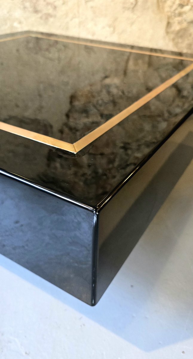 Jean-claude Mahey, Attributed To – Square Coffee Table In Black Lacquer And Brass, 1970s-photo-3