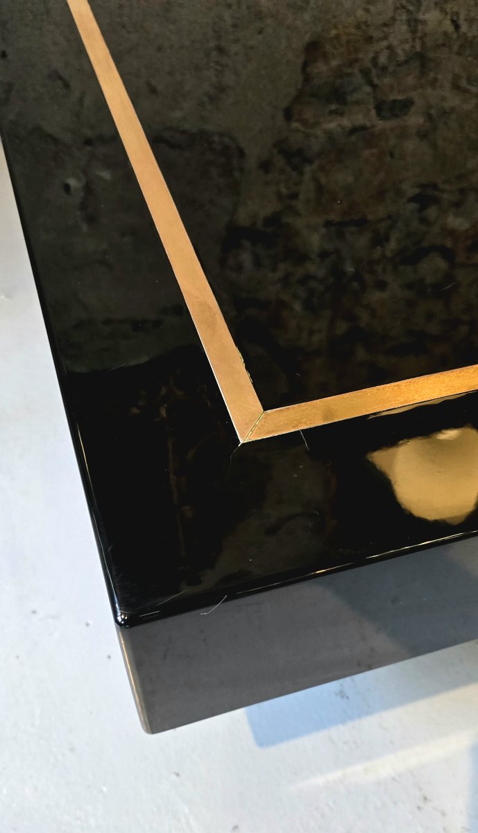 Jean-claude Mahey, Attributed To – Square Coffee Table In Black Lacquer And Brass, 1970s-photo-5