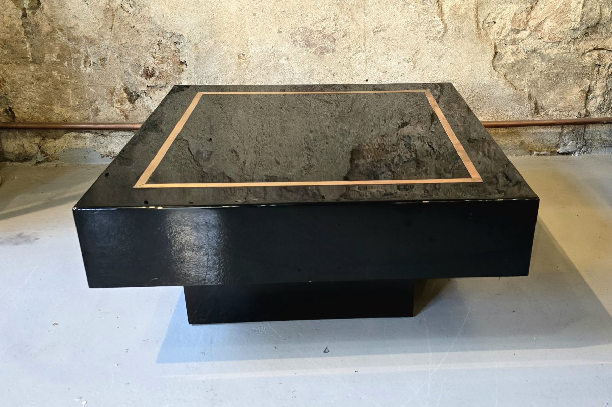 Jean-claude Mahey, Attributed To – Square Coffee Table In Black Lacquer And Brass, 1970s