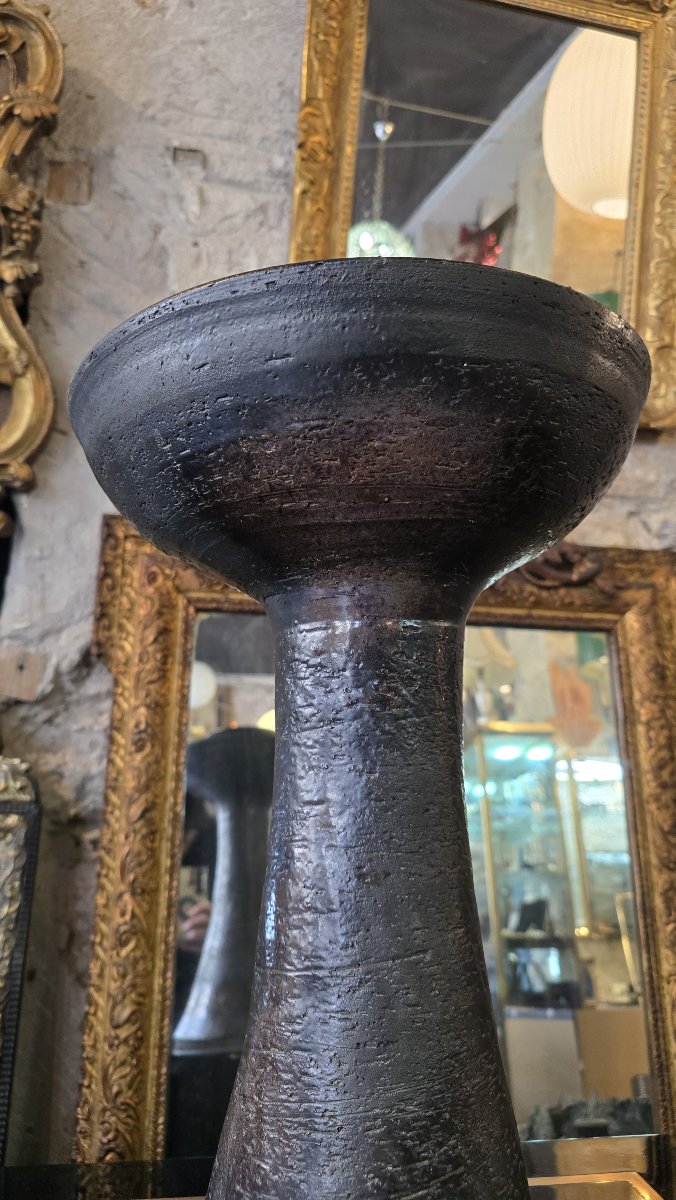 Jean Marais (1913–1998) – Brown-black Glazed Ceramic Vase/candleholder, Signed – 20th Century-photo-2