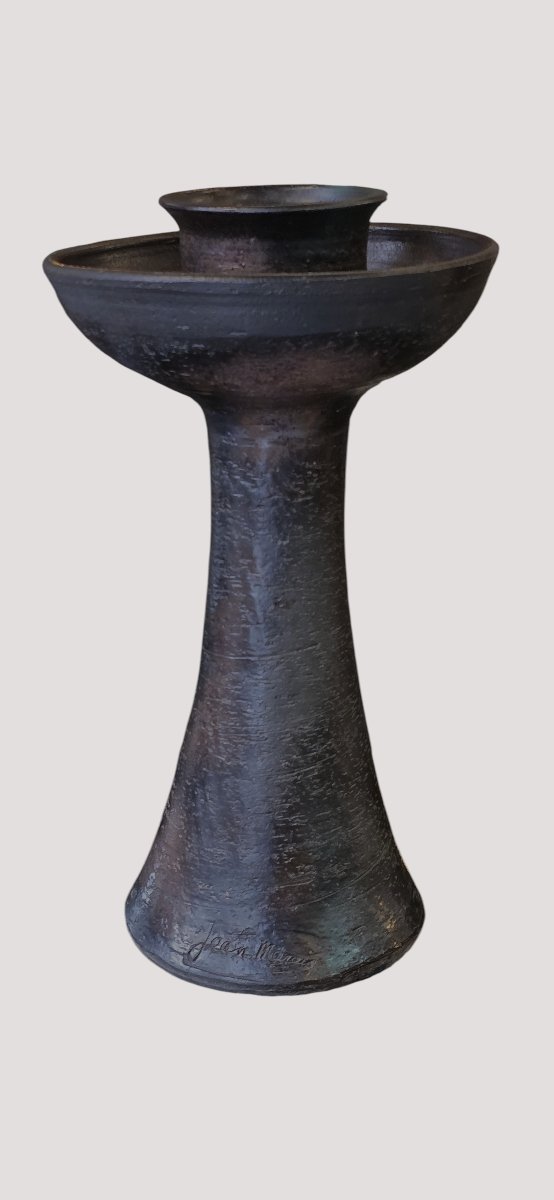 Jean Marais (1913–1998) – Brown-black Glazed Ceramic Vase/candleholder, Signed – 20th Century