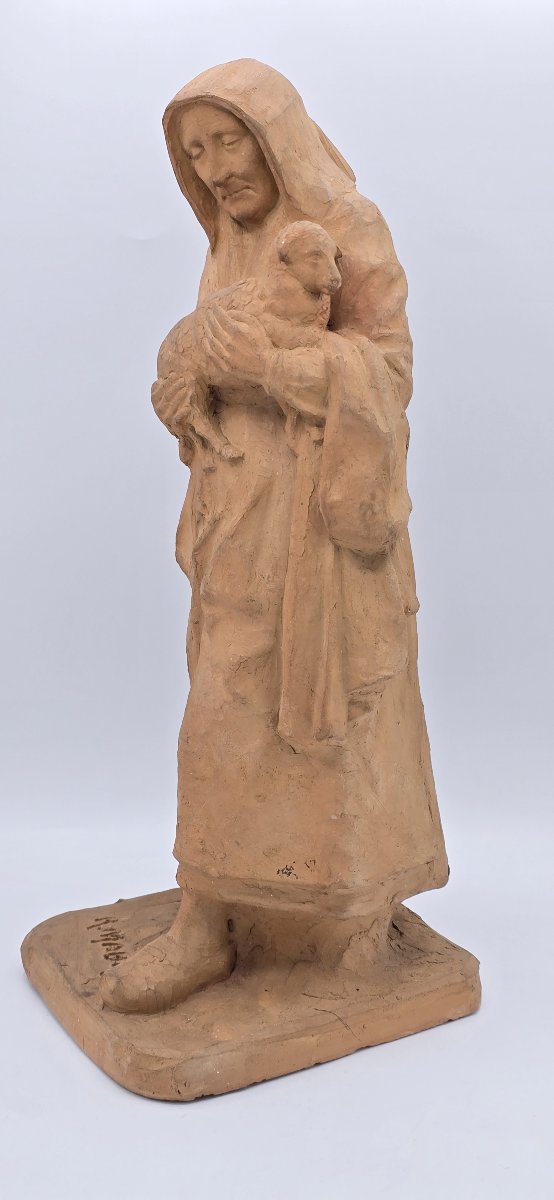 Raoul Mabru (1882–1957) – Old Auvergne Peasant Woman With A Lamb – Signed Terracotta – 43 Cm-photo-1