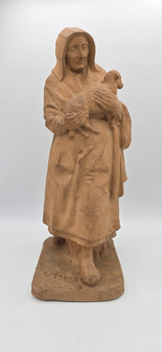 Raoul Mabru (1882–1957) – Old Auvergne Peasant Woman With A Lamb – Signed Terracotta – 43 Cm