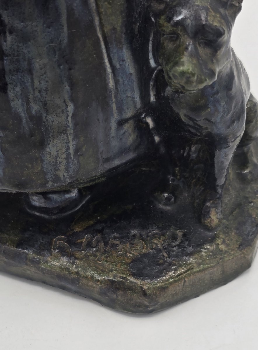 Raoul Mabru (1882–1957) – Old Peasant Woman With A Dog – Glazed Terracotta Sculpture – 1930-photo-3