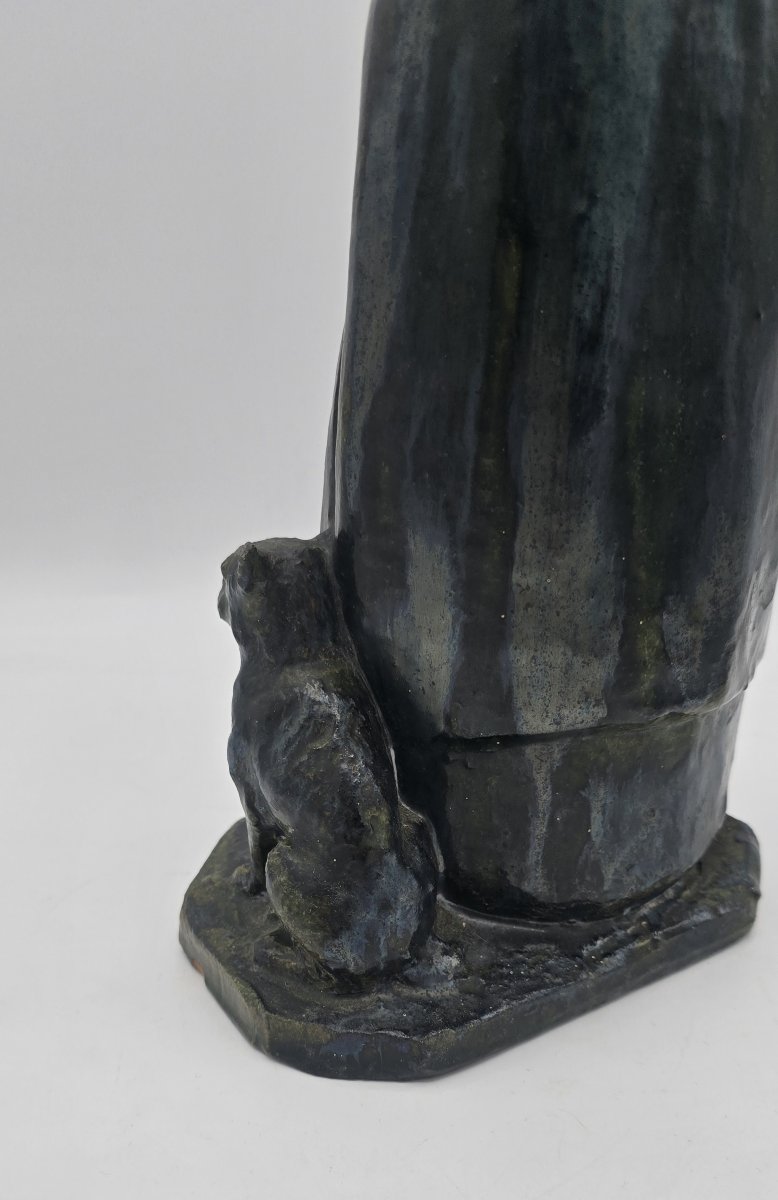 Raoul Mabru (1882–1957) – Old Peasant Woman With A Dog – Glazed Terracotta Sculpture – 1930-photo-5
