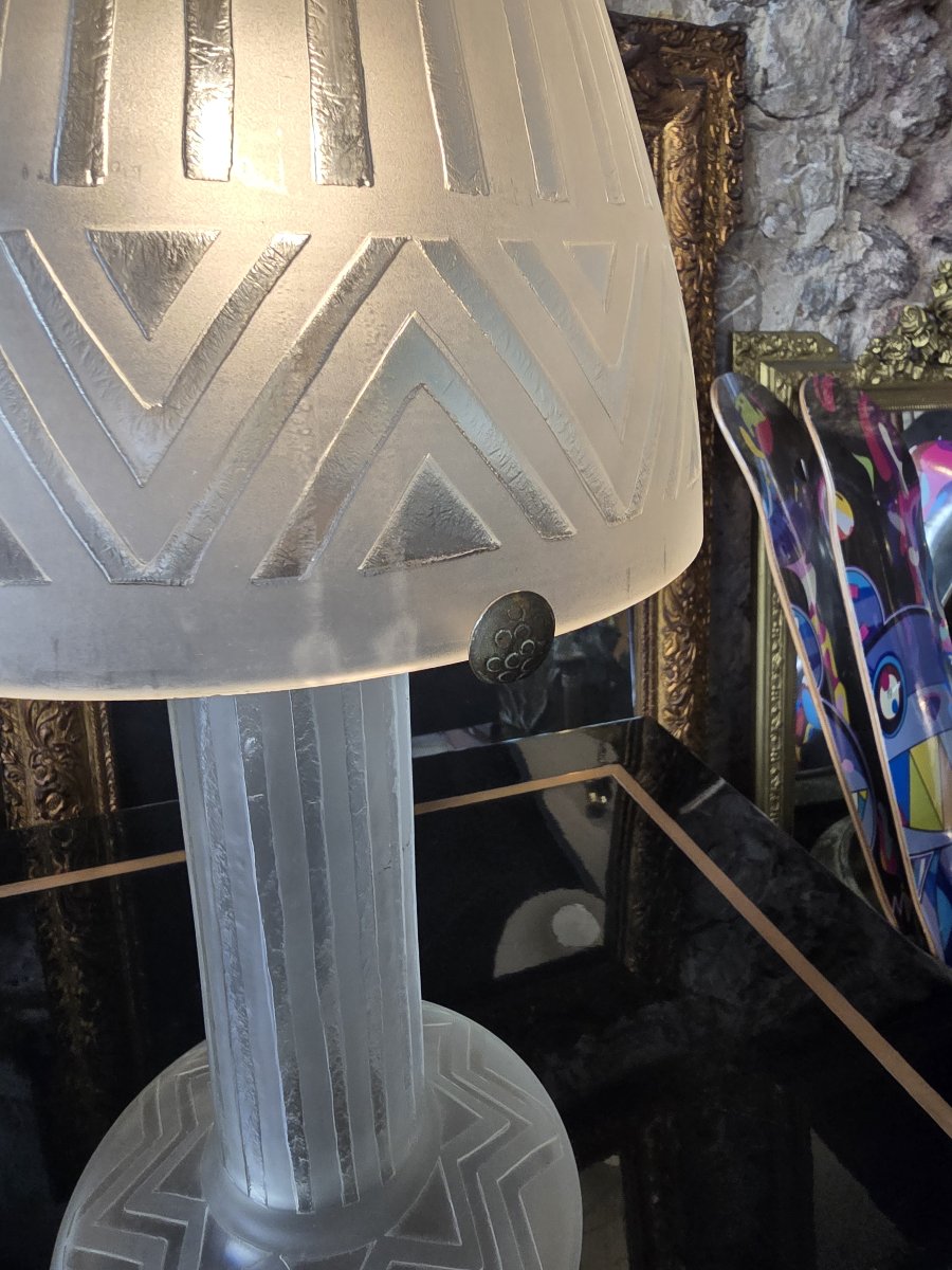 DAUM NANCY FRANCE – Lampe champignon Art déco en verre dépoli – vers 1930 – H. 55 cm-photo-6