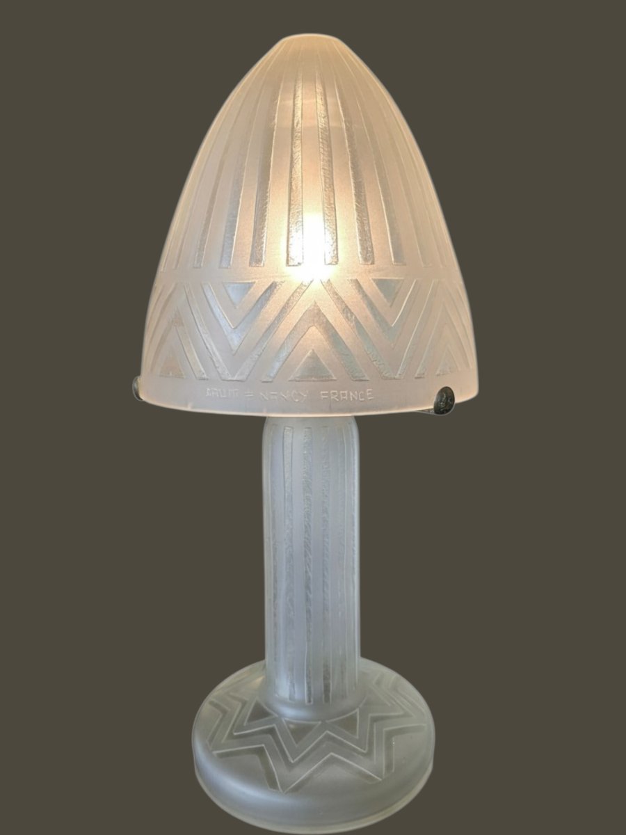 DAUM NANCY FRANCE – Lampe champignon Art déco en verre dépoli – vers 1930 – H. 55 cm