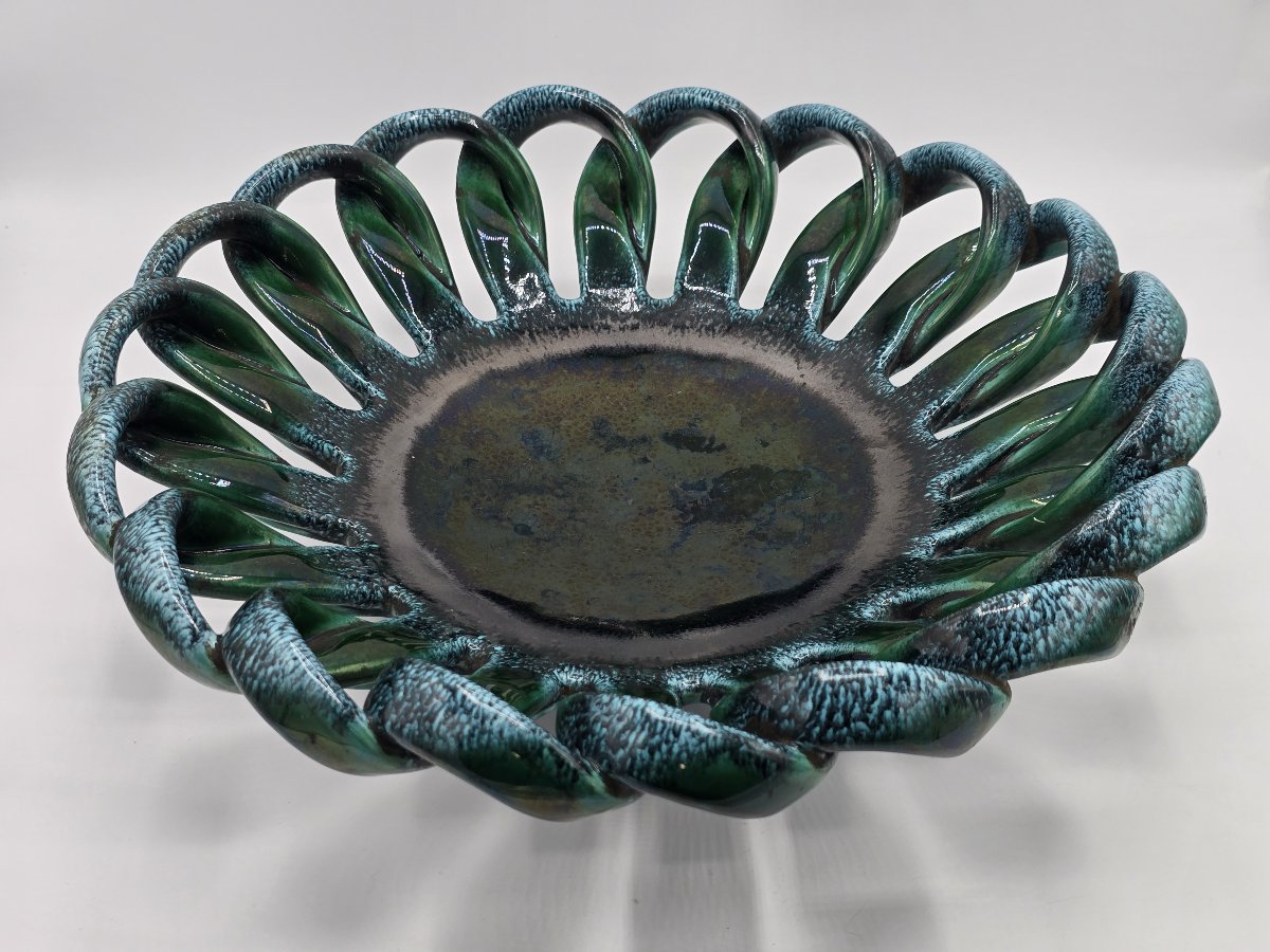 Large Turquoise-green Openwork Woven Ceramic Fruit Basket – 1960s-photo-2