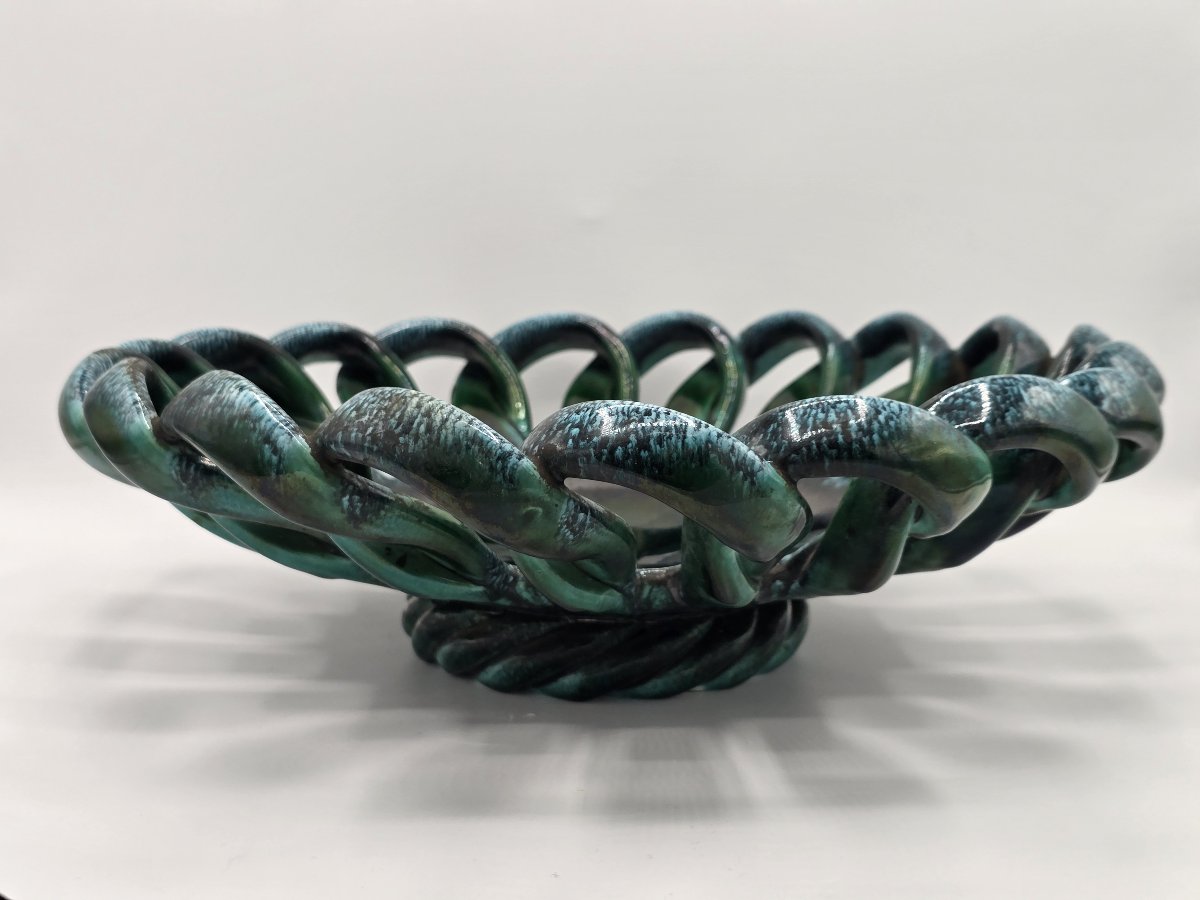 Large Turquoise-green Openwork Woven Ceramic Fruit Basket – 1960s-photo-3