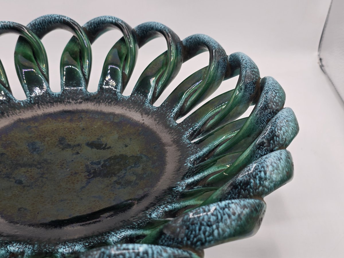 Large Turquoise-green Openwork Woven Ceramic Fruit Basket – 1960s-photo-4