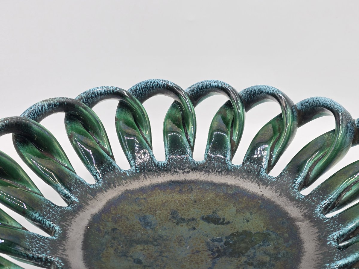 Large Turquoise-green Openwork Woven Ceramic Fruit Basket – 1960s-photo-1