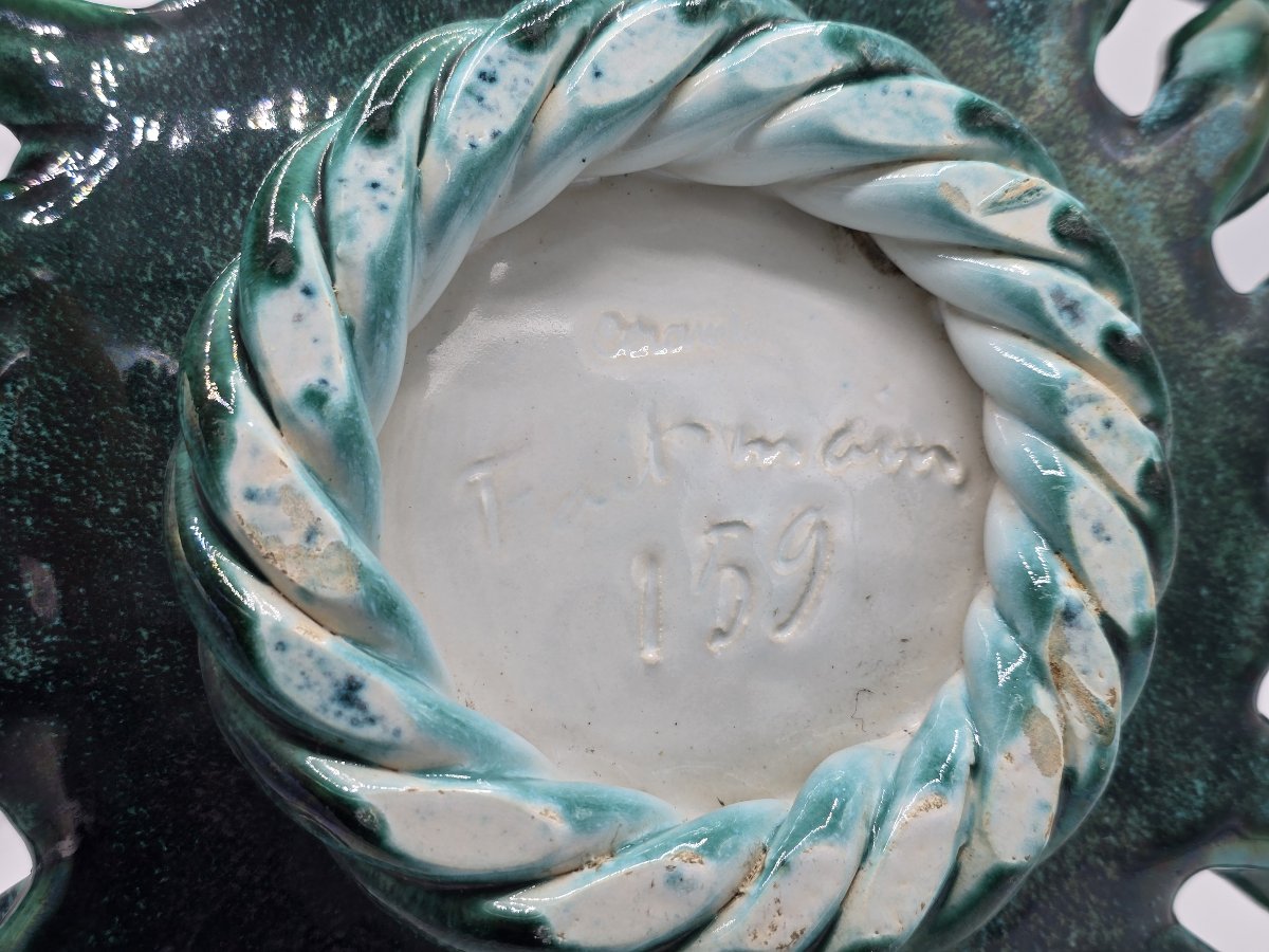 Large Turquoise-green Openwork Woven Ceramic Fruit Basket – 1960s-photo-2