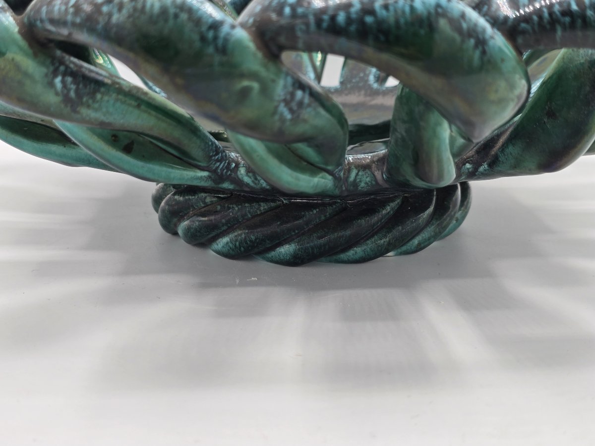Large Turquoise-green Openwork Woven Ceramic Fruit Basket – 1960s-photo-4