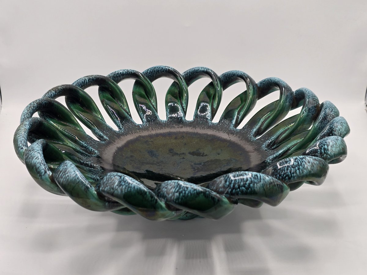 Large Turquoise-green Openwork Woven Ceramic Fruit Basket – 1960s